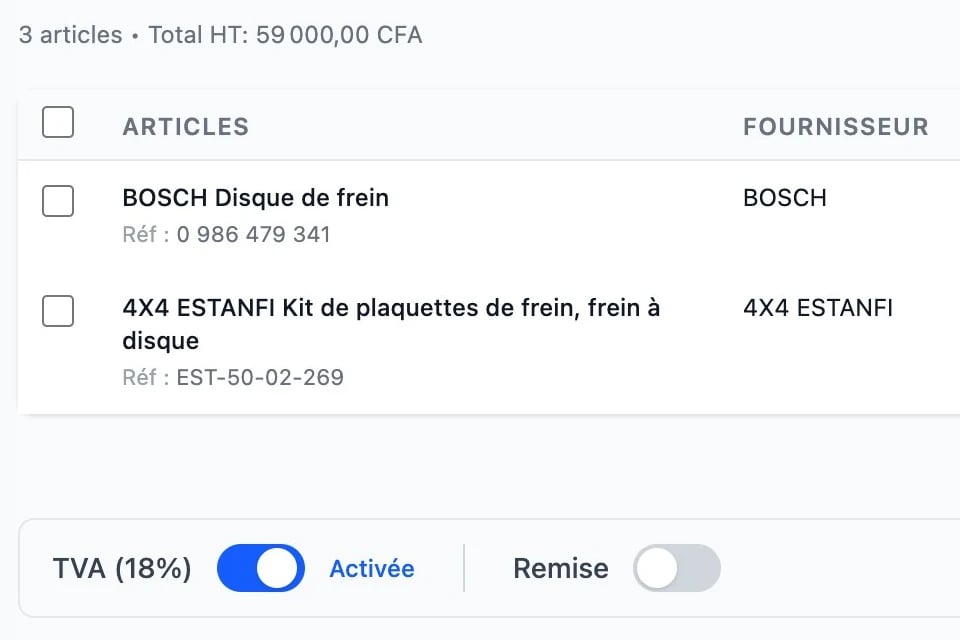 Lignes du devis : disque de frein BOSCH (réf. 0 986 479 341) et kit de plaquettes 4X4 ESTANFI (réf. EST-50-02-269), total HT de 59 000 CFA, TVA à 18 % activée et remise désactivée