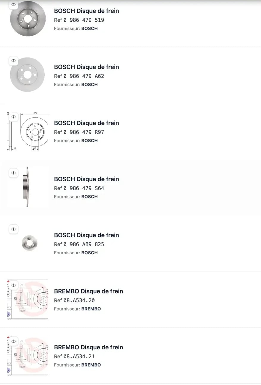 Disques de frein compatibles avec la Corolla, de Bosch et de Brembo : photo, référence et équipementier de chaque pièce