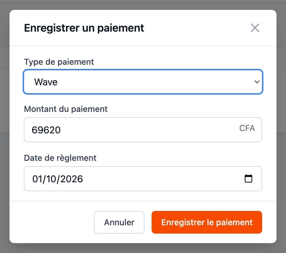 Fenêtre « Enregistrer un paiement » de MecaBrain : paiement Wave saisi en francs CFA