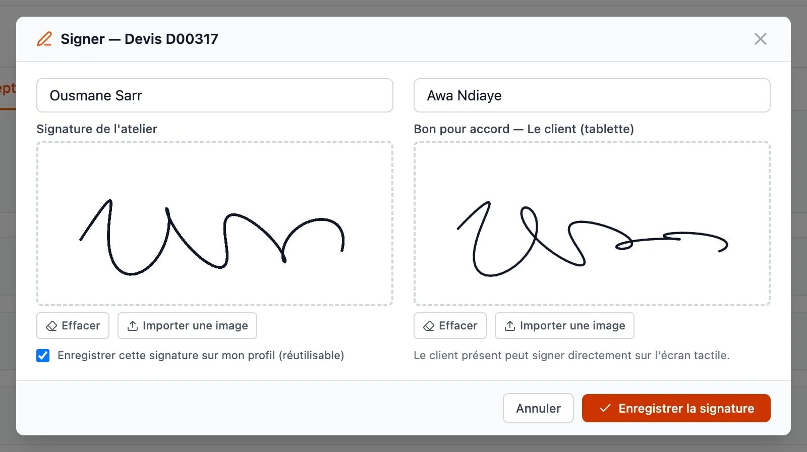 Fenêtre de signature du devis D00317 : signature de l’atelier à gauche, bon pour accord du client sur la tablette à droite