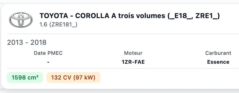 Fiche du véhicule choisi : Toyota Corolla à trois volumes 1.6 (ZRE181), 2013 à 2018, moteur 1ZR-FAE, essence, 1 598 cm³, 132 CV (97 kW)